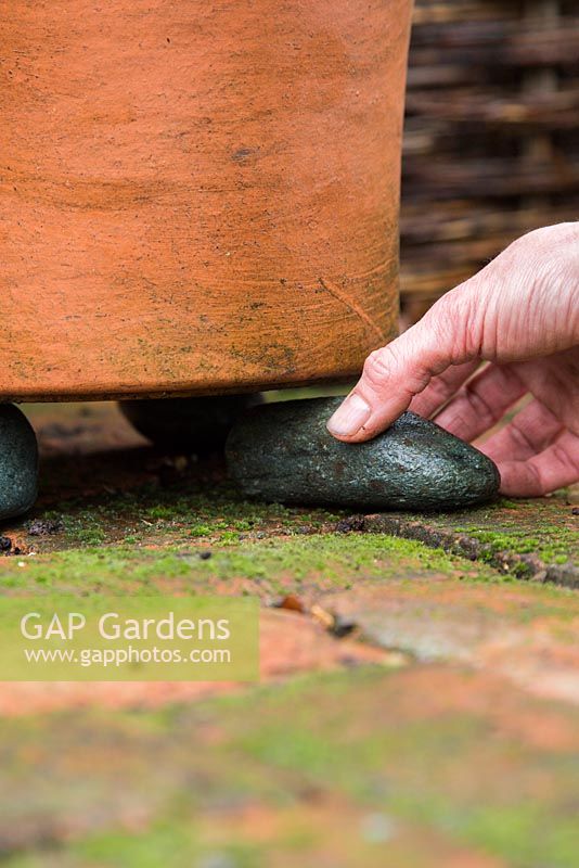 Raising pots off the ground with pebbles to help water drainage and prevent build up of moisture