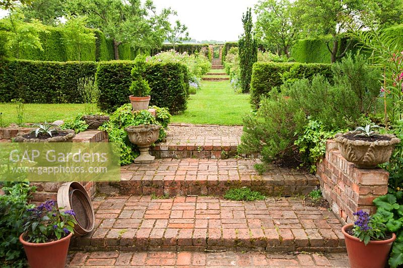 Brick steps lead up from gravel terrace to main garden with grass, yew hedging and lots of roses.