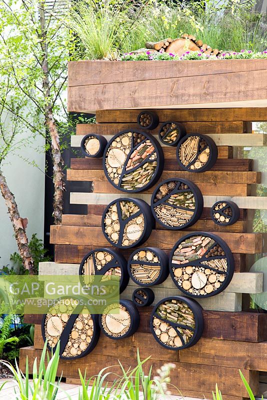 Variety of round insect houses made using natural materials. Wood, Stone, Moss and Dead flower heads. Cornus florida. Show Garden: RBC Blue Water Roof Garden. 