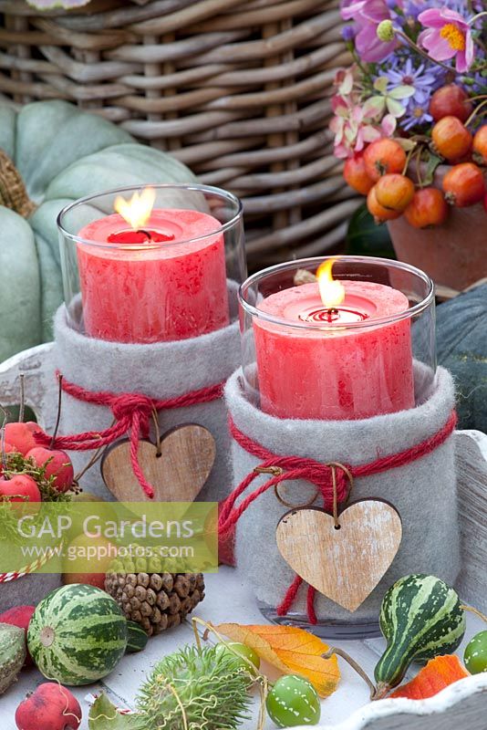 Decorative autumn arrangement and candles - Malus, Cucumis hirsutus, Cucurbita pepo, Diplocyclos palmatus