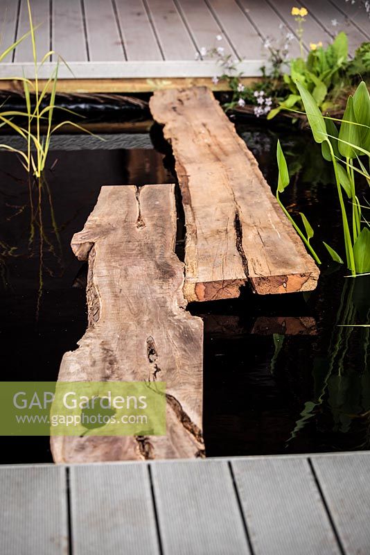 Water and wood feature inspired by wetland areas of the Somerset Levels - 'Wrapped Up in Willow Water' show garden, RHS Flower Show Birmingham