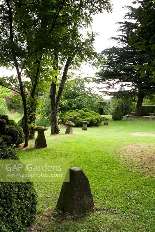 Cothay Manor, Greenham, Somerset. Lawn with trees, shrubs and stone ornaments