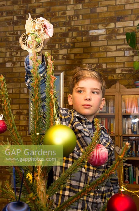 Child decorating a Christmas tree