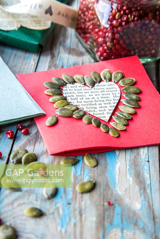 Valentine card decorated with Pumpkin seeds