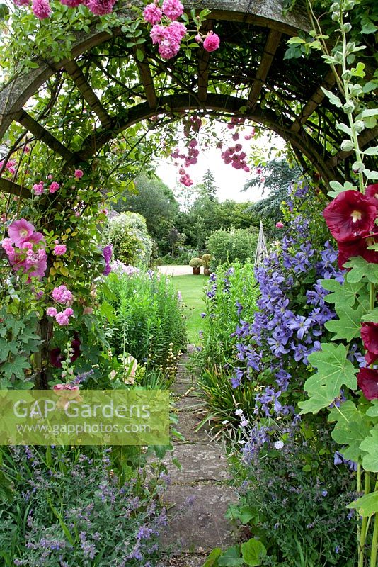 Garden view with Alcea, Clematis and Roses