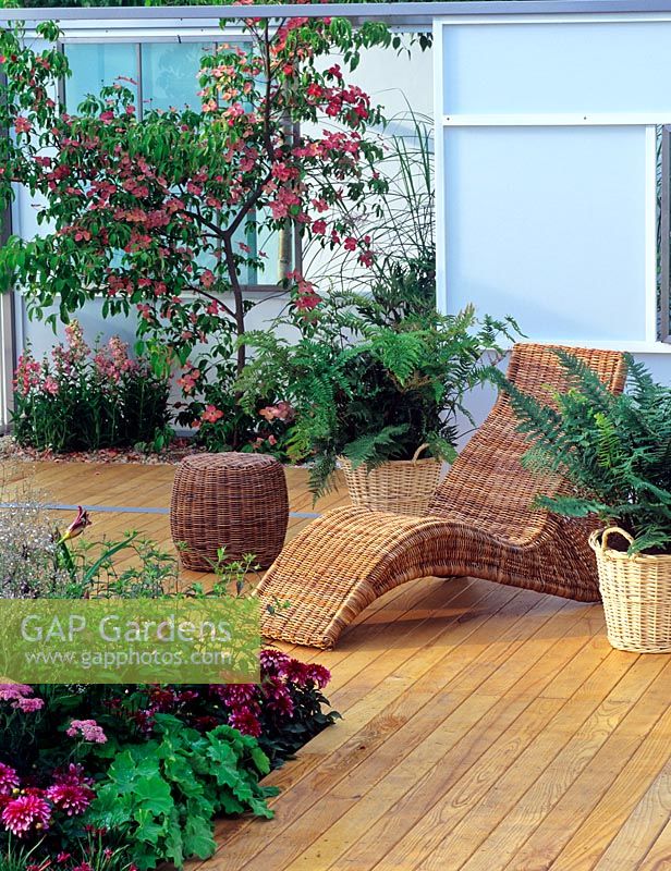 Cane furniture - decking area in outdoor garden room 