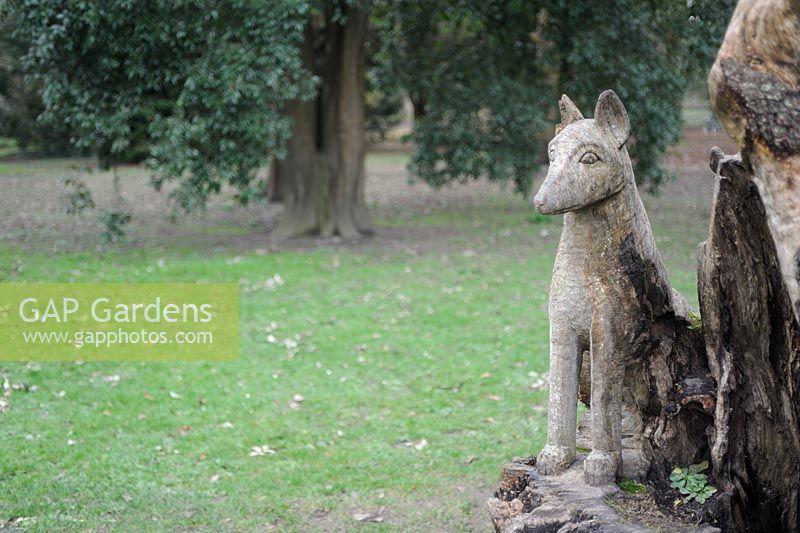 Sculptures made from tree trunks in Cardiff's Bute Park arbotoreum. 