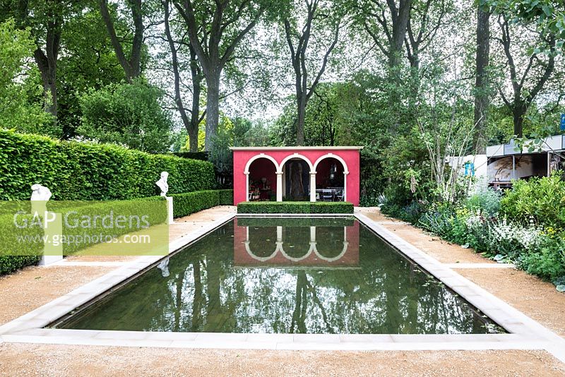 View of the loggia with rectangular still pool - The BrandAlley Garden. 