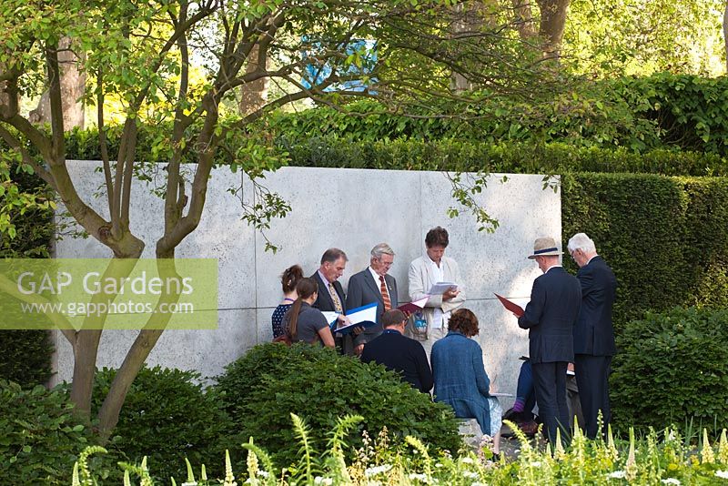 Judges in the award-winning Laurent-Perrier Garden, Winner of Gold Medal and Best Show Garden. Chelsea Flower Show 2014
