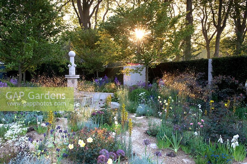 The M and G garden. RHS Chelsea Flower Show 2014. Gold medal winner. Inspired by Persian gardens. Early morning light with stone central pillar surrounded by gravel and dry planting with Stipa gigantea, Alliums and Asphodeline lutea.
