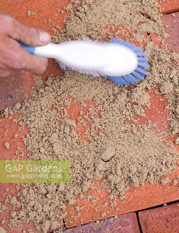 Dried sand being brushed between cracks in bricks - brick path project 