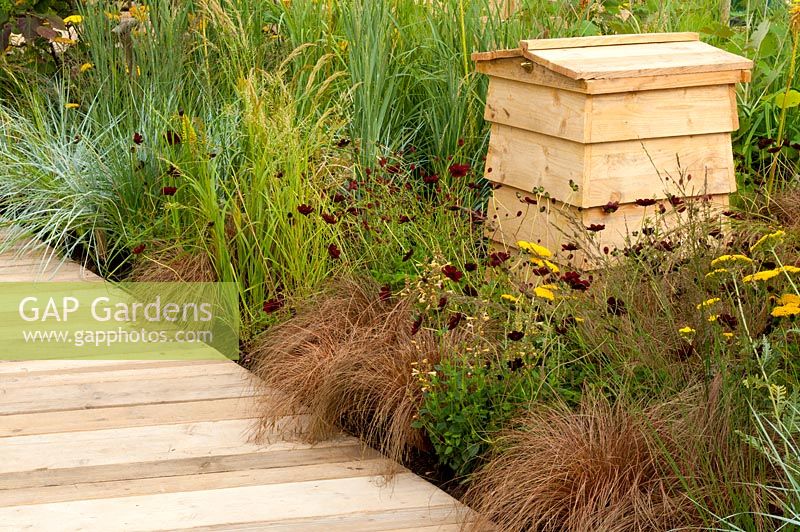 Bee hive in border planted with Cosmos atrosanguineus Achillea and ornamental grasses by path made of wooden planking in The Bees Garden at Tatton Flower Show 2013