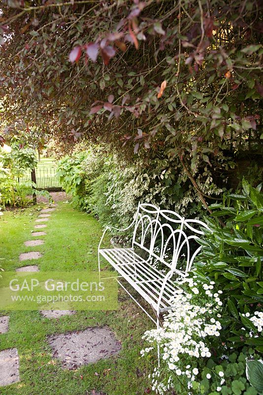 Decorative white painted metal seat alongside grass path with stepping stones, mixed shrubs and Feverfew. Chenies Manor, Buckinghamshire