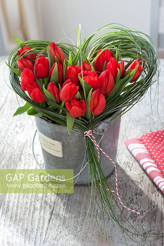 Making Valentine's Day Bouquet of red Tulips in grass heart - finished arrangement in metal bucket
