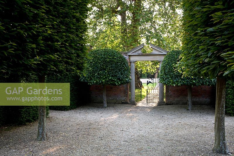 View from French-style grand pleached allee to formal gate in walled garden with stone pediment and twin topiary trees either side. Seend, Wiltshire