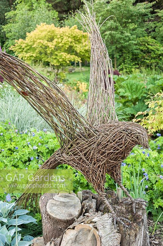 Woven willow bird with lush planting behind including hostas, silvery miscanthus and Geranium Rozanne = 'Gerwat', and Acer palmatum 'Sango-kaku'. Forest Lodge, Pen Selwood, Somerset, UK