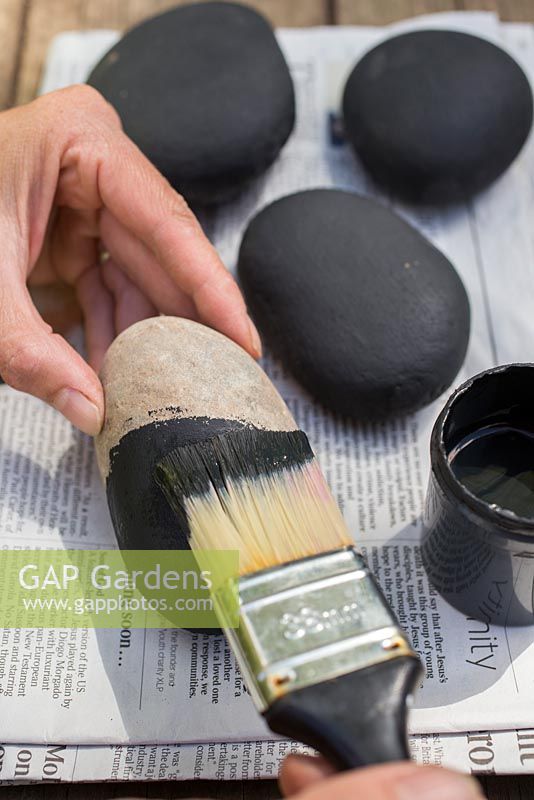 Painting pebbles with a black paint. 