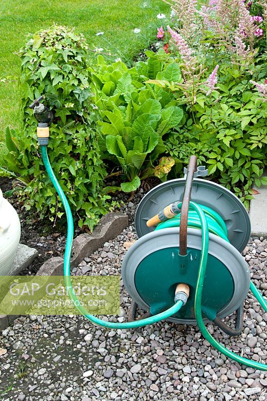 Hose reel and pipe connected to tap and post which is hidden from view by Hedera