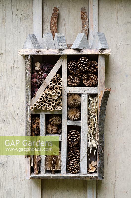 Insect house hanging on a shed -  Hedgehog Street, RHS Hampton Court Palace Flower Show 2014 - Design: Tracy Foster - Sponsor: People's Trust for Endagered Species, British Hedgehog Preservation Society