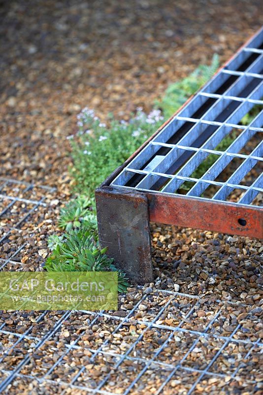 Metal grate used as raised walkway and on ground with gravel in-fill, edged with thyme and echeveria - A Space to Grow and Connect. Designers: Jeni Cairns (Juniper House Garden Design) and Sophie Antonelli (Land Girl). Sponsors: Metal, Earls Scaffolding,British Sugar