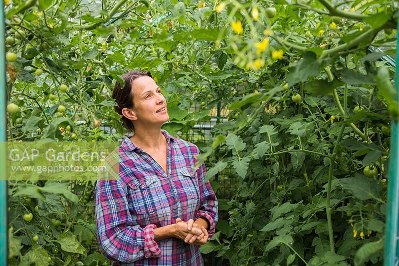 Woman standing in greenhouse admiring her tomato plants. 