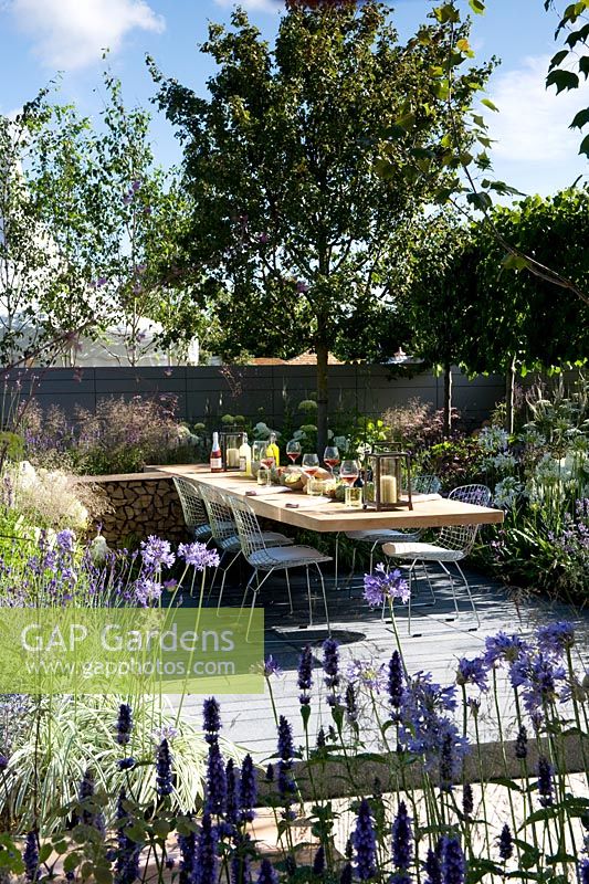 Vestra Wealth's Vista Garden. Laid dining table for outdoor entertaining set on a grey-painted decking surrounded by blue palette planting of nepeta and lavender with hydrangea Annabelle. Cool planting for hot weather. Pleached hedging. Designer: Paul Martin Sponsor: Vestra Wealth Gold award  