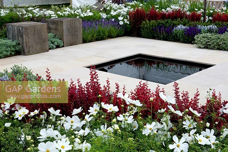 One Hundred years from Now, square light stone paving with central black pool surrounded by borders with narrow bands of colourful planting including berberis Golden Rocket, Cosmos, Artemisia Powis Castle, Salvia Mainacht, Ilex crenata.   Designer: Alex Lindsay Sponsor: Coolings Garden Centre Bronze award 