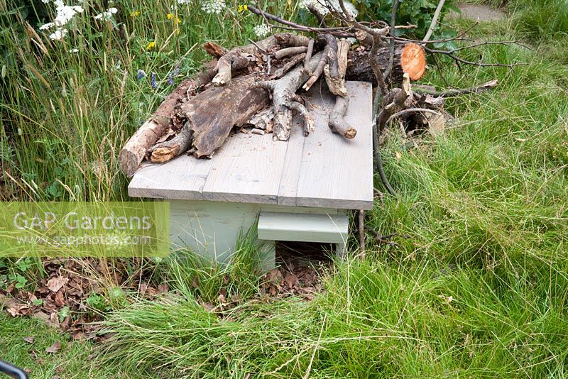 Hedgehog Garden - view of garden with hedgehog home shelter and piles of logs and twigs for insects - 