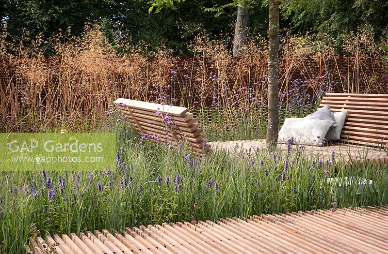 RHS Young Garden Designer of the Year award winner Sam Ovens - Gold medal - The Sky's the Limit garden at Tatton Park RHS flower show 2014 - wooden deck and seating area with planting of Stipa 'Gigantea' Agastache 'Blackadder' Verbena bonariensis - Panicum 'Heavy Metal'