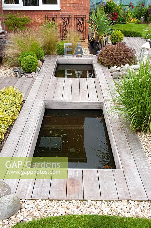 Contemporary Ipe hard wood deck built over formal pond with planting of Buxus sempervirens spheres and Stipa tenuissima