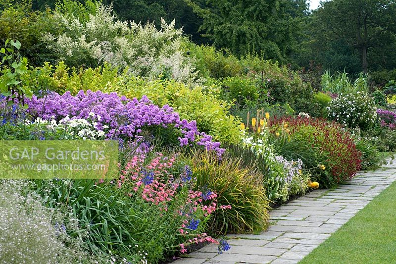 Long deep perennial border with a variety of perennials at successive heights. Tapestry of colours. Penstemon, Persicaria, Anemone, Kniphofia, Calamagrostis and Phlox paniculata 'Nesperis'. August, Surrey