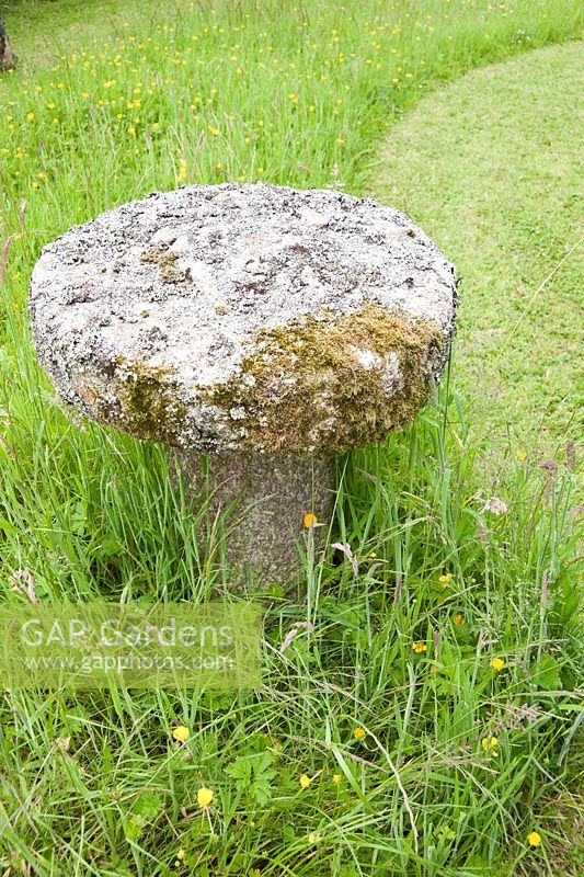 A staddle stone on a lawn that mixes cut and uncut grass in order to encourage wild flowers.