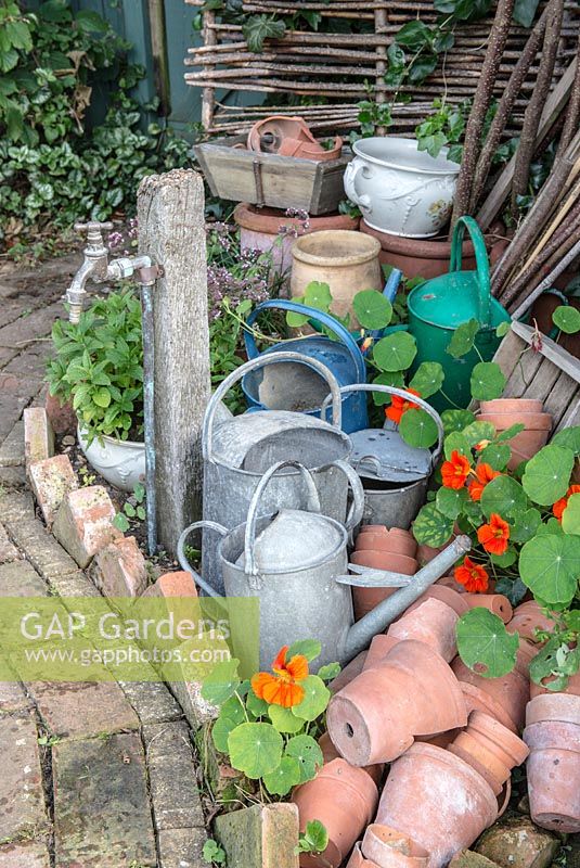 Garden corner beside reclaimed brick path with garden standpipe and nasturtiums growing amongst terracotta pots and traditional watering cans