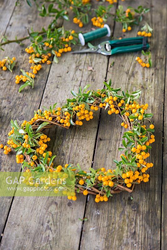 Finished Pyracantha wreath with materials in background. 
