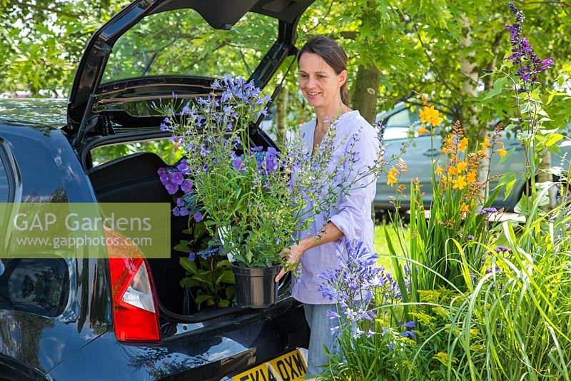 Woman placing purchased plants in the boot of her car
