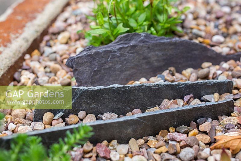 Decorative slate stones in container of mixed alpines 