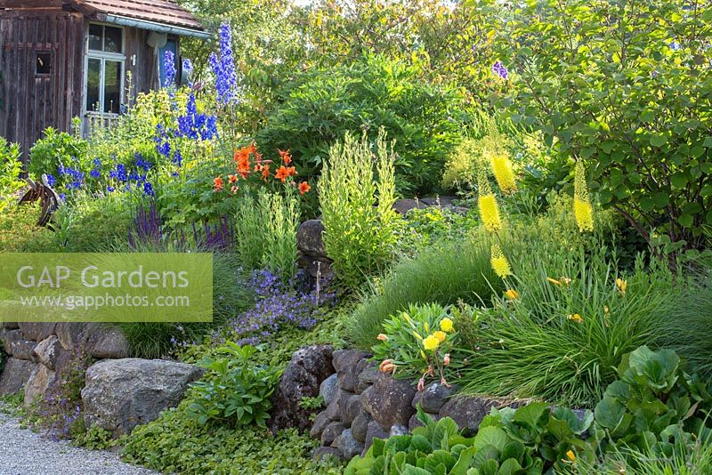 Perennial planting on a raised border with a wooden garden house in the background