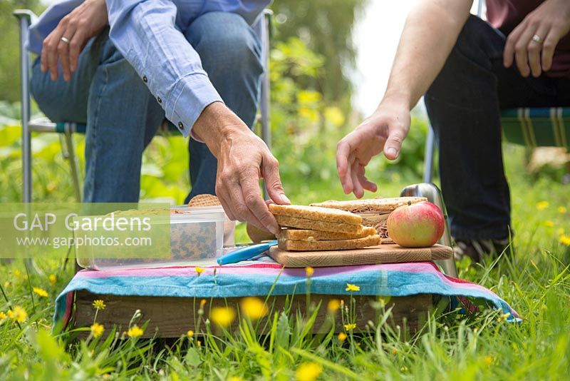 Hands of a man and woman reaching for picnic sandwich, within an allotment plot