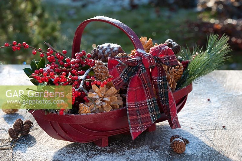 Red wooden trug with berries, pinecones and tartan ribbon