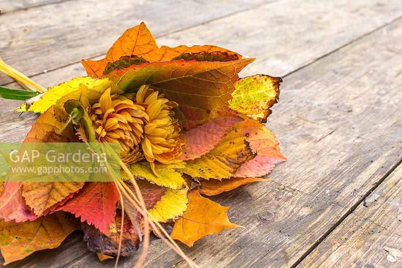 Autumnal bouquet made using a variety of autumnal leaves and Chrysanthemums. 