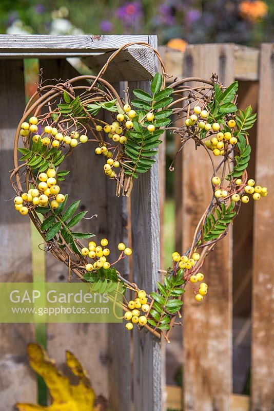 A heart shaped wreath with sorbus berries and foliage