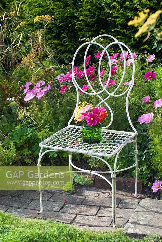 Cut garden flower arrangement - pink cosmos and fennel flowers on antique garden seat