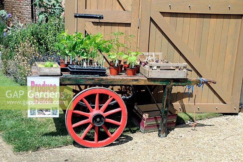 Traditional vintage barrow with produce for sale, Chiswick House Kitchen Garden, London Borough of Hounslow