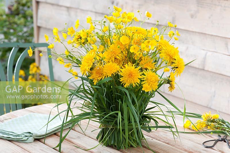 Bunch of taraxacum - dandelion and ranunculus acris - buttercup dressed in vase with grass
