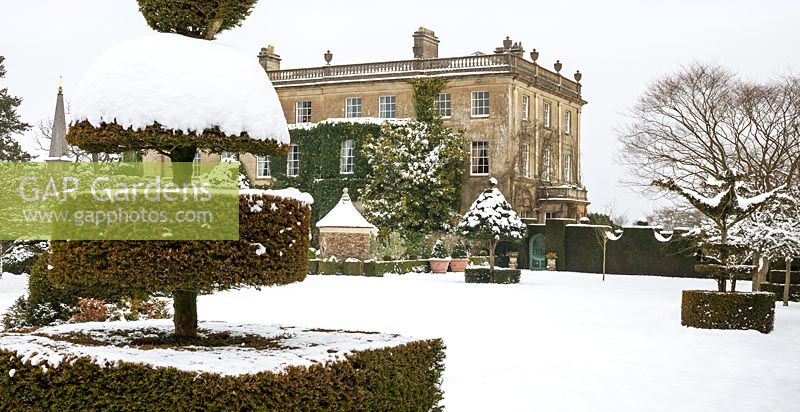 Highgrove House and Garden in snow, January 2013. The house was built in a Georgian neo-classical design between 1796 and 1798. 