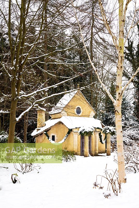 The Sanctuary covered in snow. Highgrove Garden, January 2013. It was built in 1999 to mark the Millennium and is a place of contemplation.  It is made entirely of natural materials. Devised by Professor Keith Critchlow of the Prince's school of Tradtional Arts and Crafts 