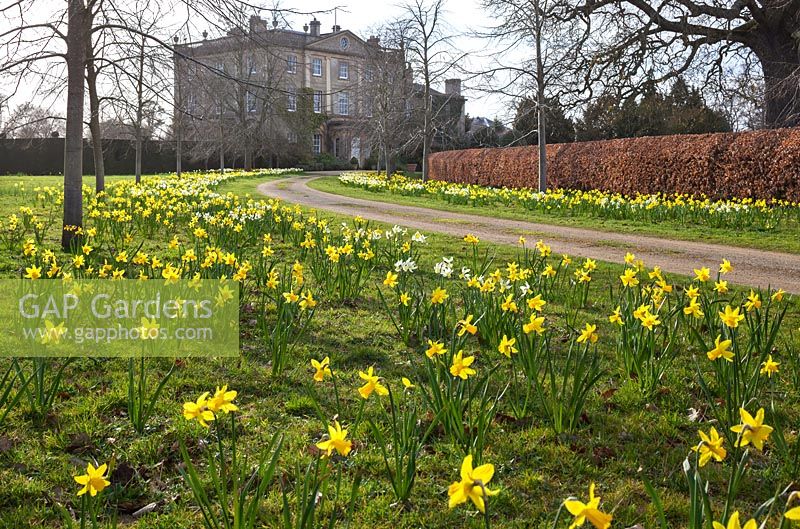 Highgrove House and the front drive, in Spring April 2013. The house was built between 1796 and 1798 in a Georgian neo classical design.