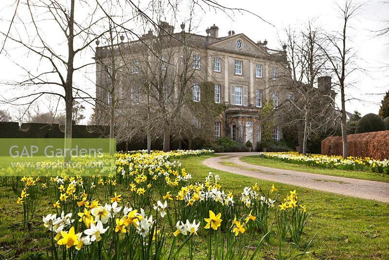 Highgrove House and front drive in Spring, April 2013. The house was built between 1796 and 1798 in a Georgian neo classical design. 