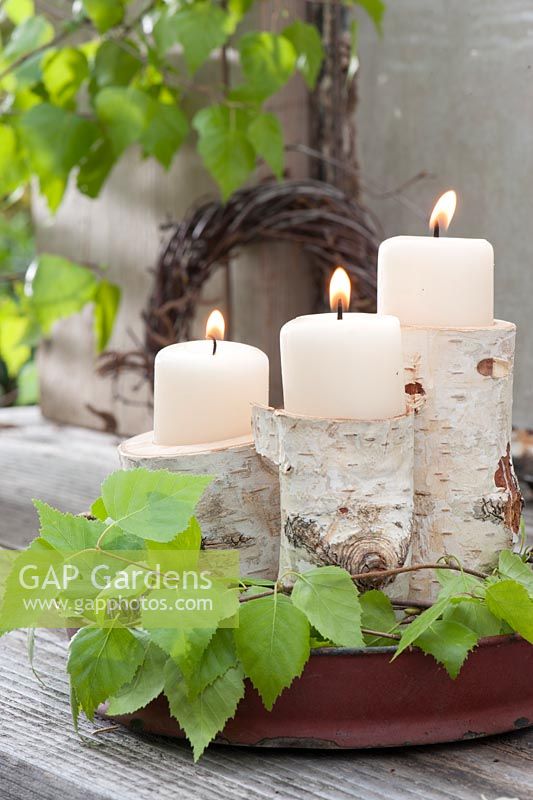 Candle holders made from Betula - birch bark and branches for decoration
