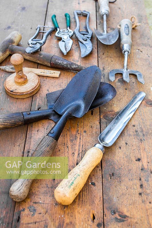 Collection of vintage garden tools on wooden surface. Widger, hand trowels, pot tamper, seed dibber, fork and secateurs
